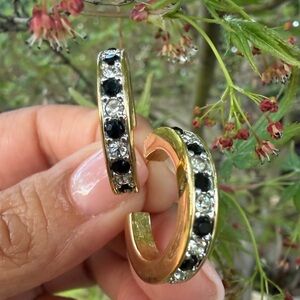 Gold Hoop Earrings with Black and Clear Stones - Women's Jewelry